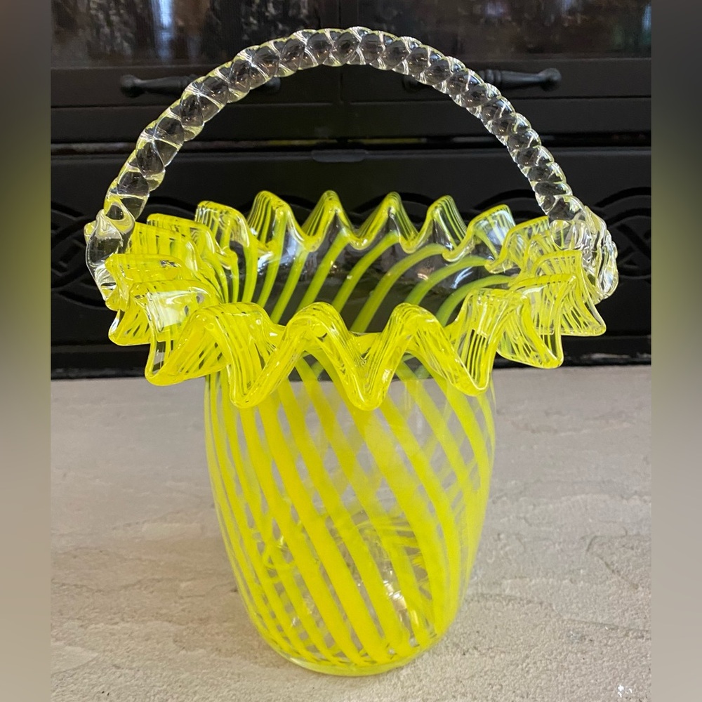 Vintage Mid Century Italian Glass Art Yellow Striped Basket